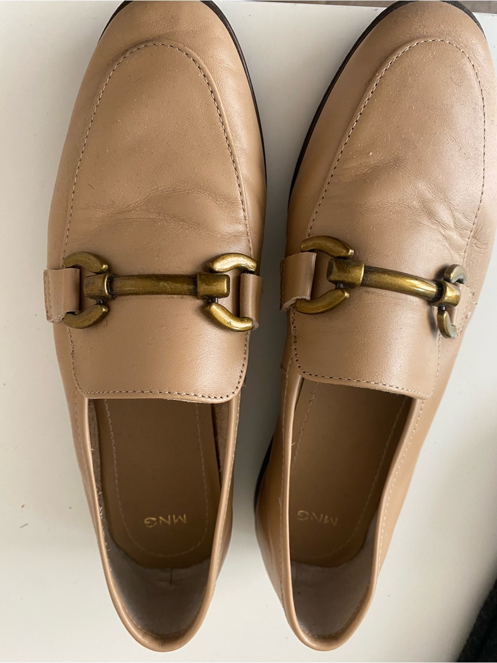 Mango Beige Leather Loafers with Gold Horsebit
